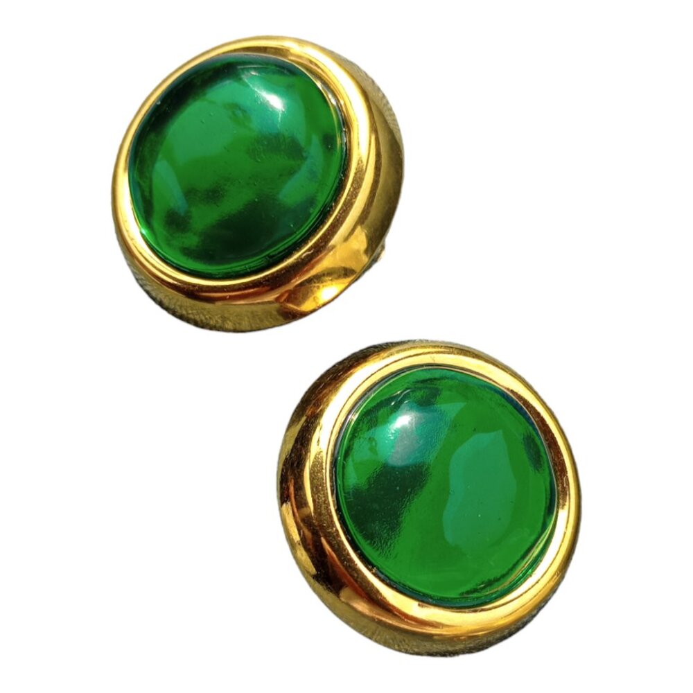 Vintage Oscar De La Renta Emerald Green Gripoix Glass Cabochon Clip Earrings
